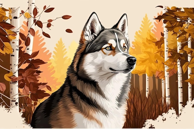 Perro husky en el bosque de otoño