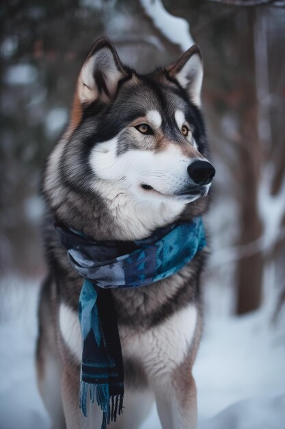 Un perro husky con una bufanda en la nieve.