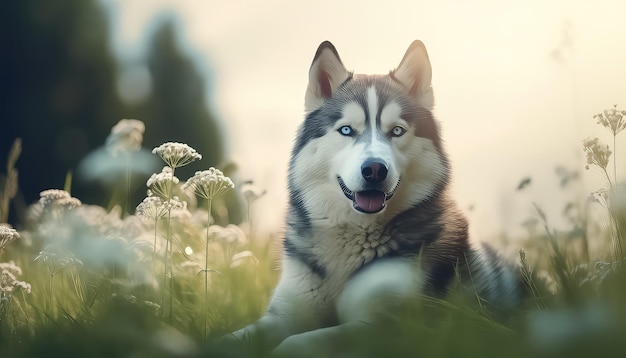 Perro husky caminando en el prado en verano al atardecer
