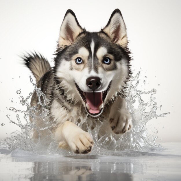 Un perro husky corriendo por el agua con la boca abierta