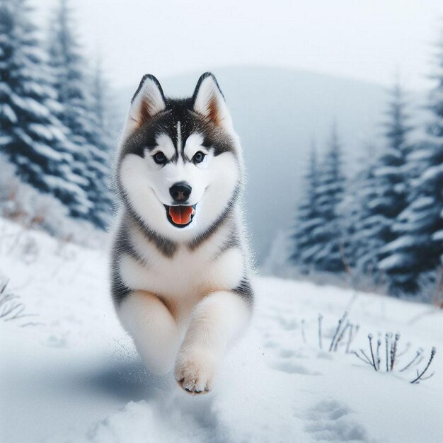 un perro husky corriendo a través