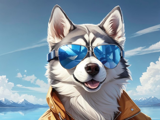 un perro husky con gafas de sol en un barco en el agua con montañas al fondo