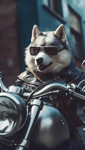 Perro Husky con gafas de sol y montando una motocicleta