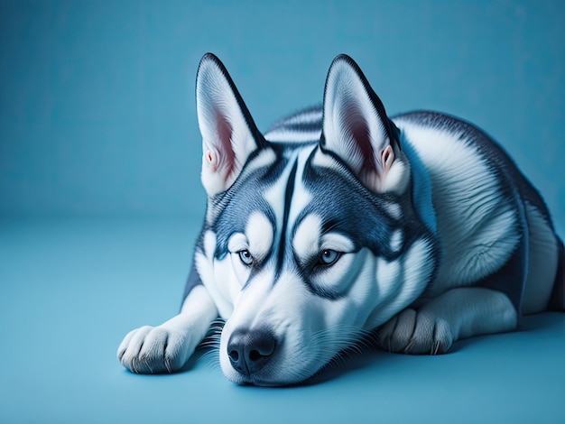 Perro husky lindo divertido dormir sobre fondo azul pastel suave ai generativo