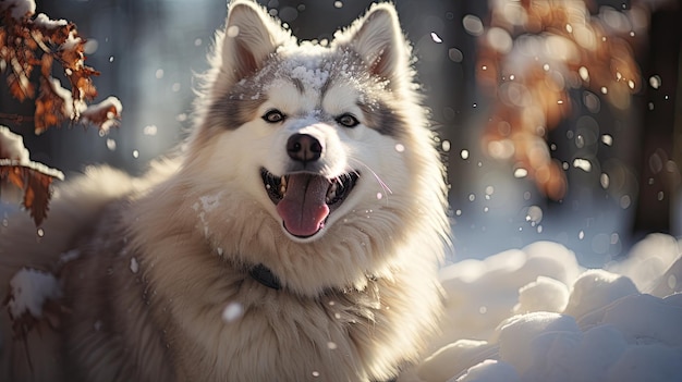 El perro husky rojo disfruta jugando en la nieve en un hermoso parque de invierno un perro husky siberiano juega