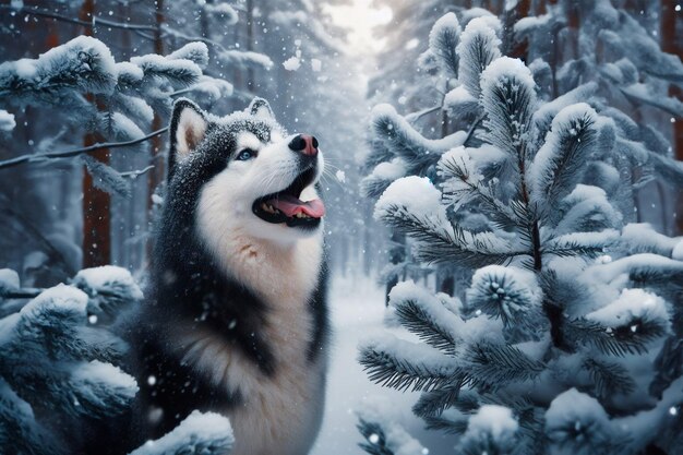 Foto perro husky siberiano en un bosque de invierno