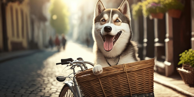 El perro Husky siberiano se divierte en bicicleta el día del sol por la mañana en verano en la calle de la ciudad