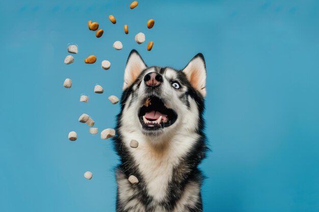 El perro Husky siberiano feliz atrapa comida para mascotas en el estudio frente a un fondo azul brillante