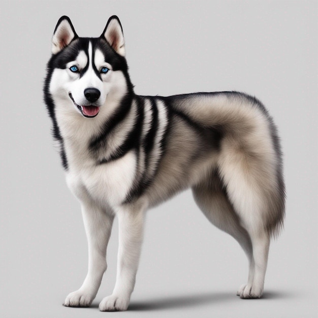 Un perro husky siberiano hiperrealista de cuerpo completo con fondo blanco