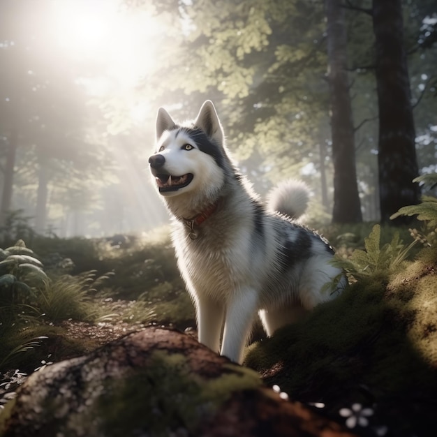 Perro Husky siberiano sentado en el bosque