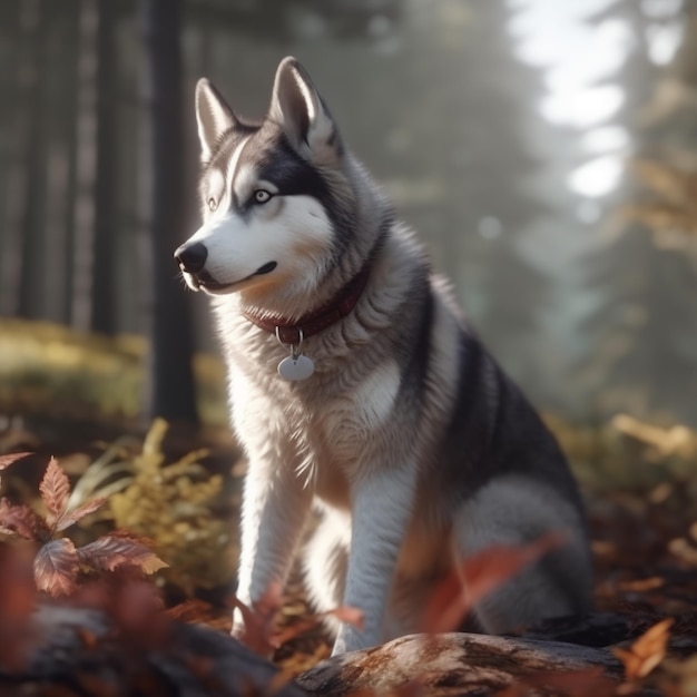 Perro Husky siberiano sentado en el bosque