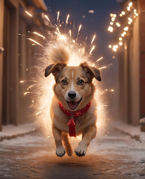 Un perro huye de los fuegos artificiales de Navidad que explotan con miedo en los ojos