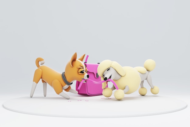 Perro de ilustración 3d mordiendo una bolsa