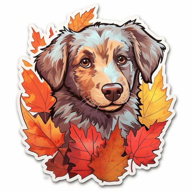 un perro con una imagen de hojas de otoño.