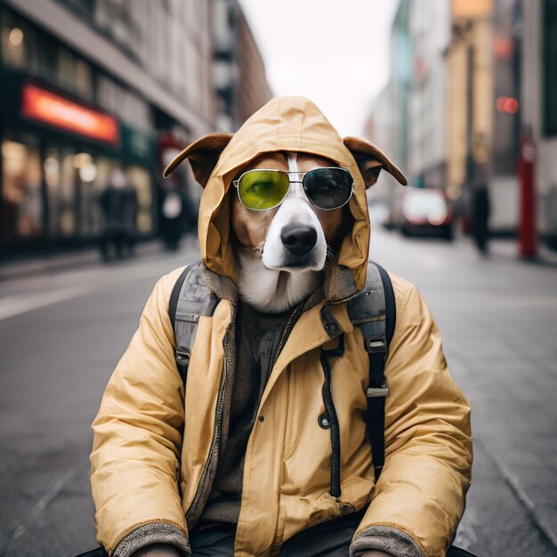 Foto un perro con un impermeable amarillo se sienta en una acera