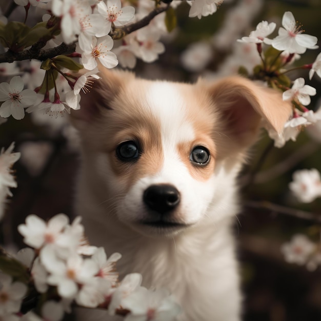 Perro inocente entre flores florecientes