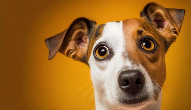 Perro interesado curioso mira a la cámara Retrato de primer plano de Jack russell terrier sobre fondo amarillo Mascota divertida Generar Ai