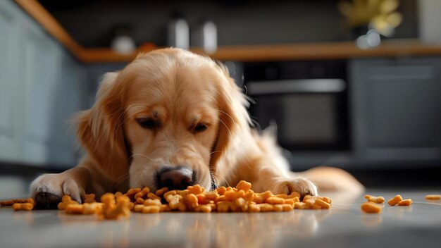 El perro se involucra en un desafío cognitivo para localizar y consumir bocadillos deshidratados con el hocico Concepto del perro Desafío cognitivo canino