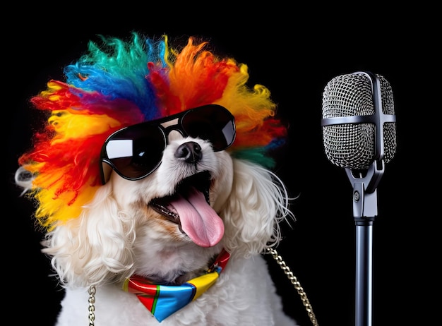 Perro Jack russell como una canción sorpresa de cumpleaños como karaoke con micrófono con corbata roja y sombrero de fiesta aislado en fondo blanco
