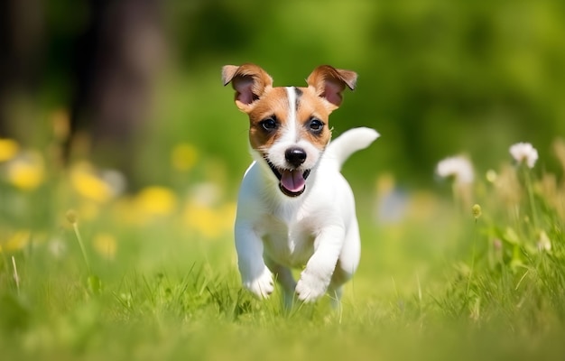 El perro Jack Russell Terrier corre al aire libre en un día soleado de verano