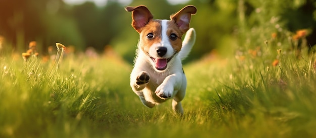 Perro Jack Russell Terrier corriendo sobre hierba IA generativa