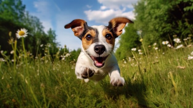 Perro Jack Russell Terrier corriendo sobre hierba IA generativa