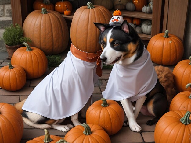 Foto perro jack russell terrier disfrazado de fantasma con calabazas jackolantern en el bosque de otoño