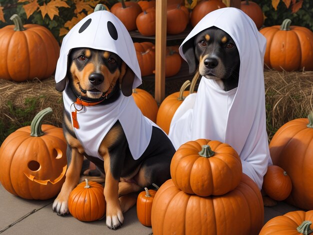 Perro jack russell terrier disfrazado de fantasma con calabazas jackolantern en el bosque de otoño