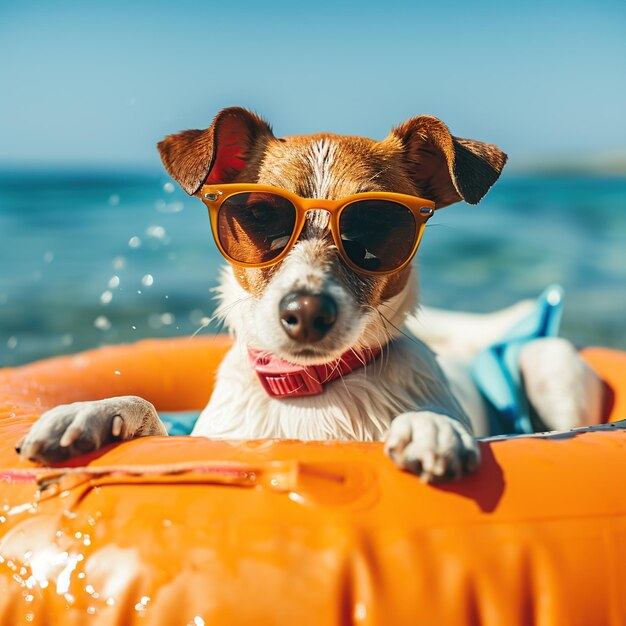 Foto perro jack russell terrier con gafas de sol nadando en un anillo inflable en la playa
