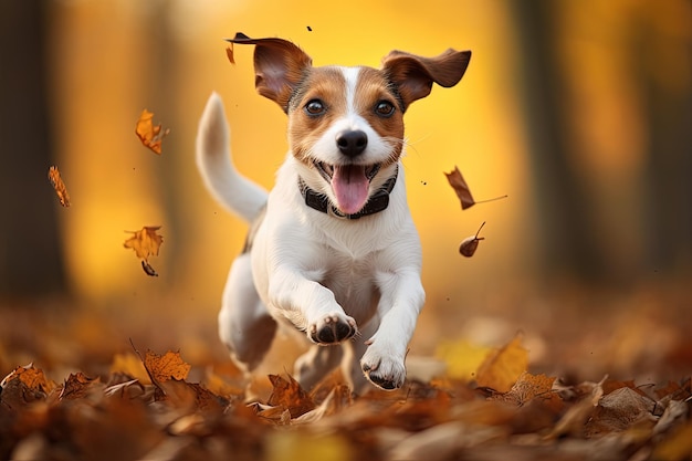 Foto perro jack russell terrier jugando en el parque de otoño