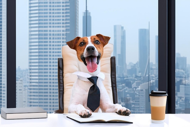 Perro Jack Russell Terrier perro de negocios inteligente con corbata se sienta en un escritorio con un vaso de capuchino en un interior de oficina representación humorística de una mascota del jefe