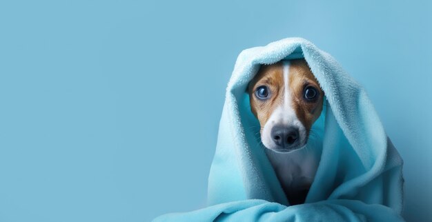 Perro Jack Russell Terrier en una toalla después del baño panorama Foto de alta calidad