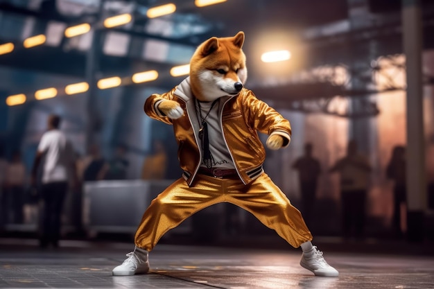 Perro japonés Shiba inu con traje de hip hop Bailando Bboy en el escenario Ai generativo