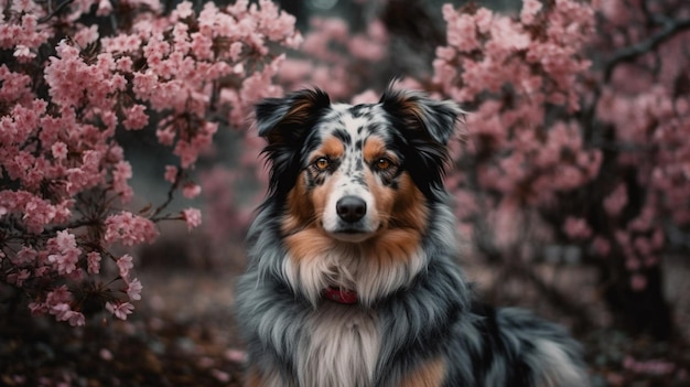 Un perro en un jardín con flores rosas.