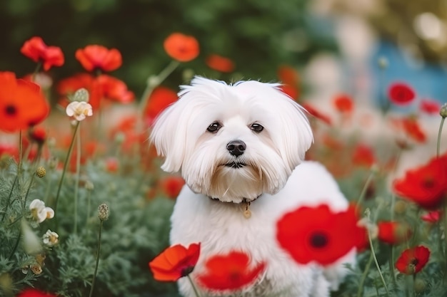 perro en el jardín Primer plano de un lindo y esponjoso AI generado