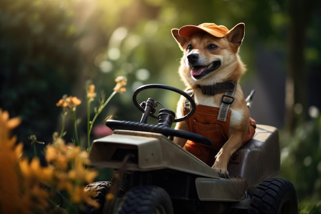 Perro jardinero con profesión de trabajo de cortacésped en el jardín del pueblo Ai generativo