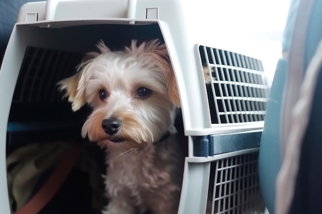 Perro en jaula transportadora Viajar con mascota IA generativa