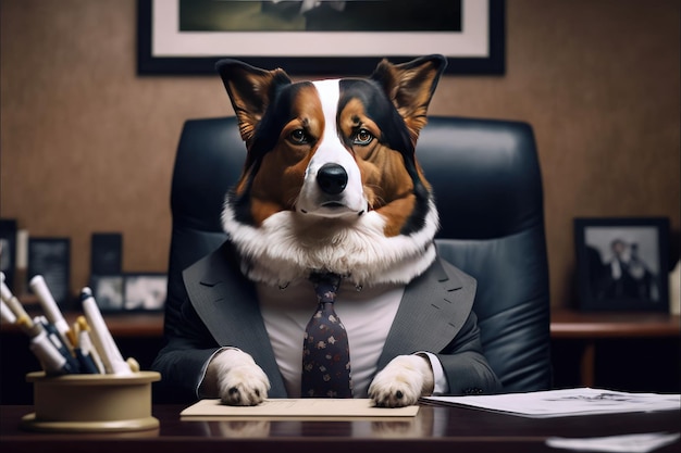 Foto perro jefe en la oficina detrás de un escritorio concepto de negocio cabeza de mascota de la empresa fondo oscuro ia generativa