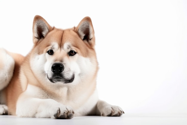 El perro joven Akitainu está posando lindo perrito whitebraun o la mascota está mintiendo y luciendo feliz aislado en el espacio negativo de la foto de estudio de fondo blanco para insertar el texto o la vista frontal de la imagen