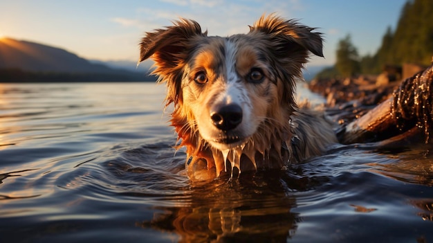 El perro se juega con un palo en el agua clara del lago generado por ai