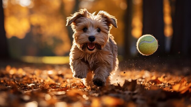 El perro juega con la pelota en el parque de otoño