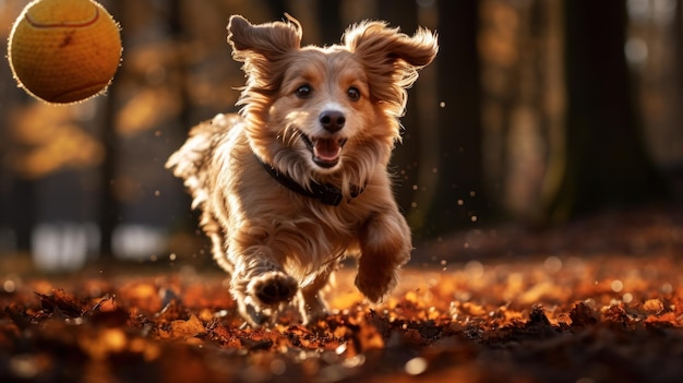 El perro juega con la pelota en el parque de otoño