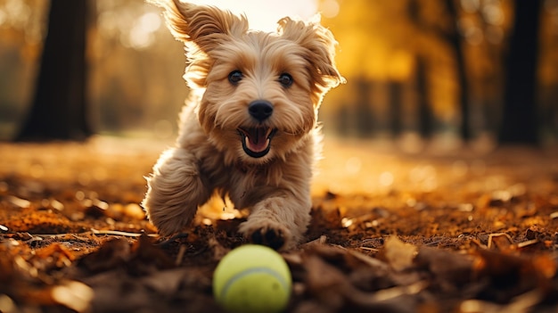 El perro juega con la pelota en el parque de otoño