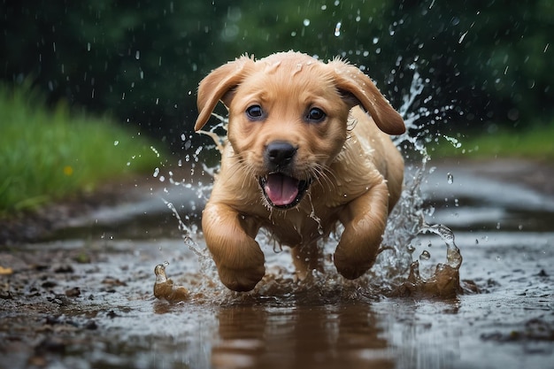 Perro jugando en un charco de barro imagen censurada