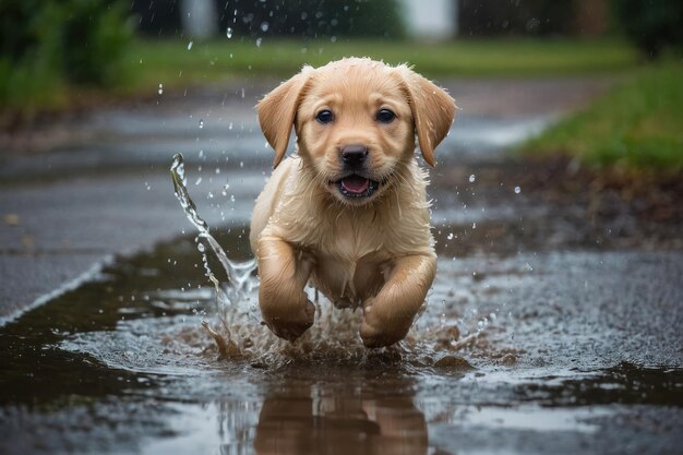 Perro jugando en un charco de barro imagen censurada