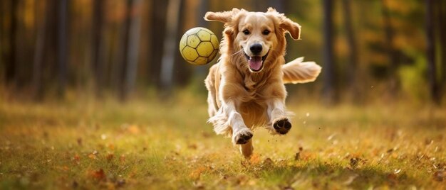 Foto un perro está jugando con una pelota de fútbol amarilla
