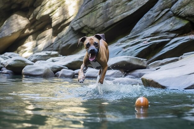 perro jugando a la pelota en el río de agua