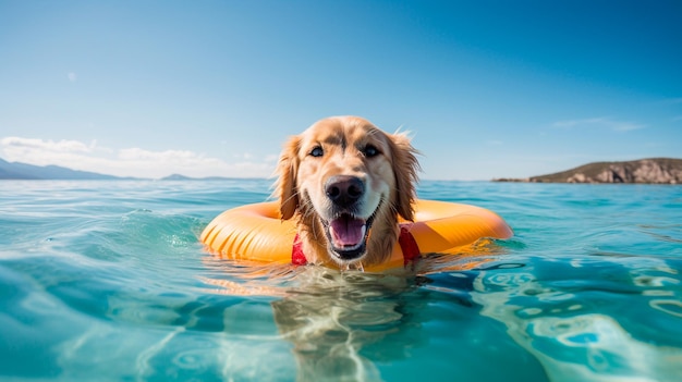 perro con un juguete en el agua