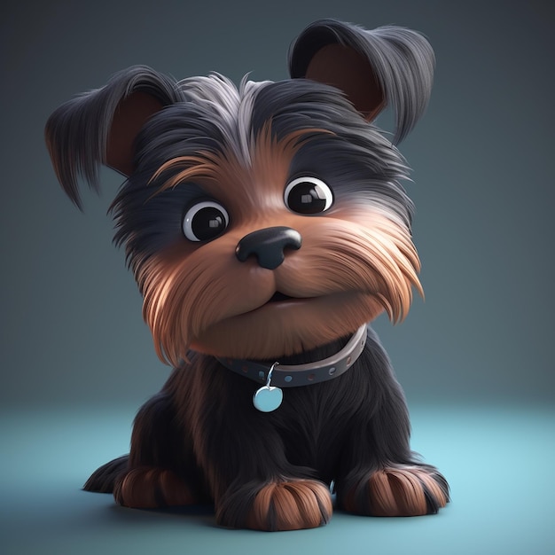 Un perro de juguete con un collar negro y una etiqueta azul que dice "la palabra cachorro".
