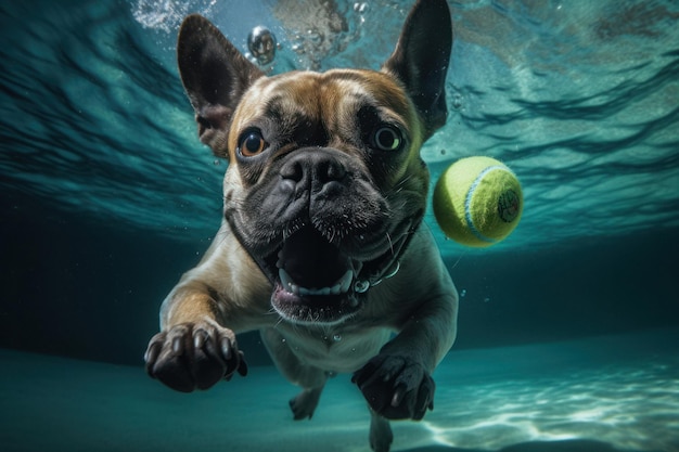 Foto perro juguetón buceando bajo el agua en busca de una pelota de tenis